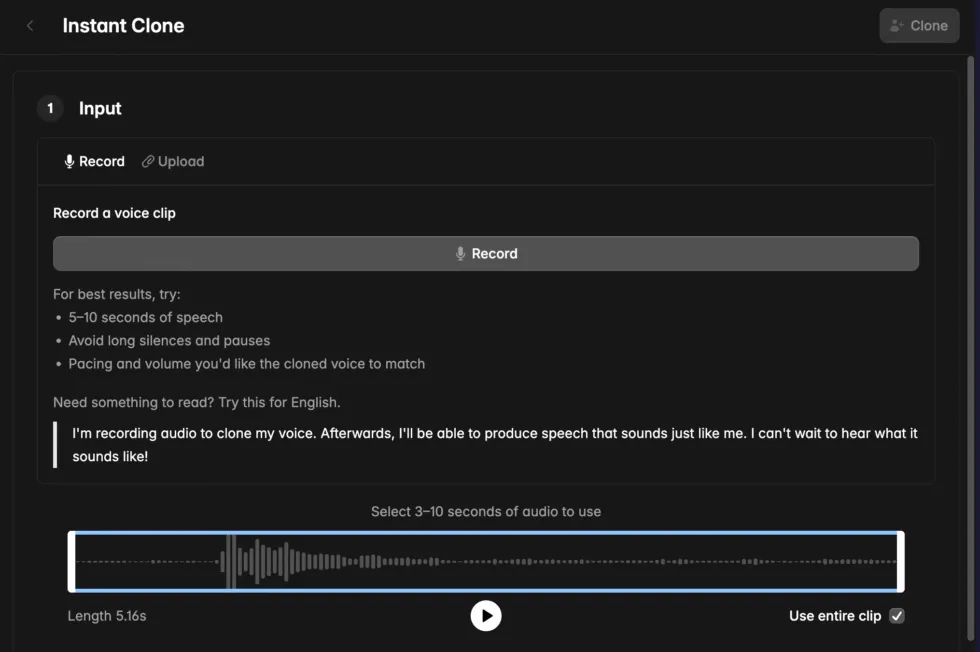 Cartesia voice cloning interface for creating custom podcast host voices