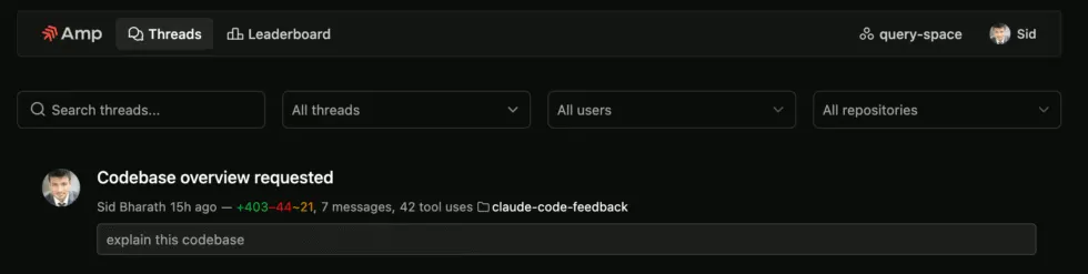 Amp thread linking feature showing how to reference a teammate's conversation for context