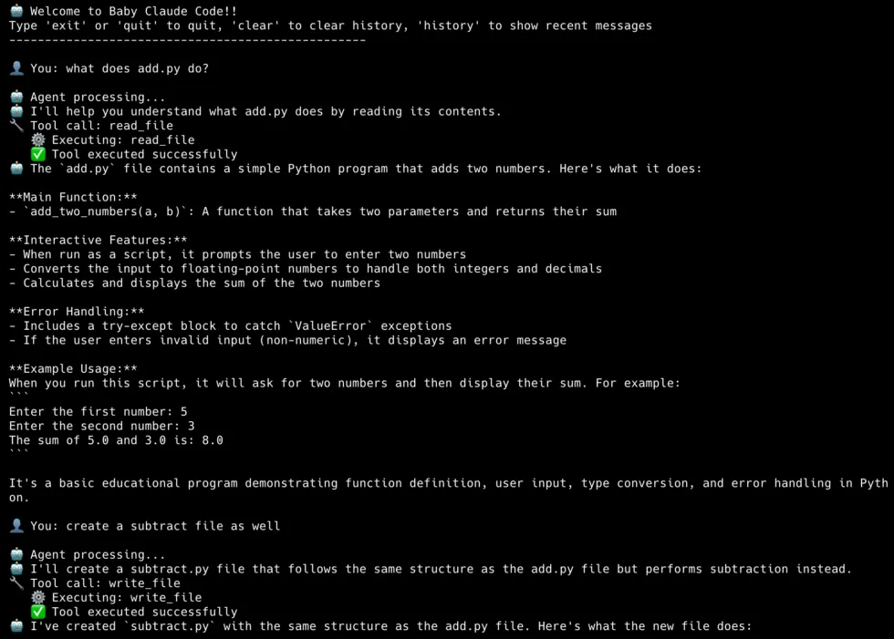 Baby Code Phase 1 demo showing the agent explaining a codebase and writing new code