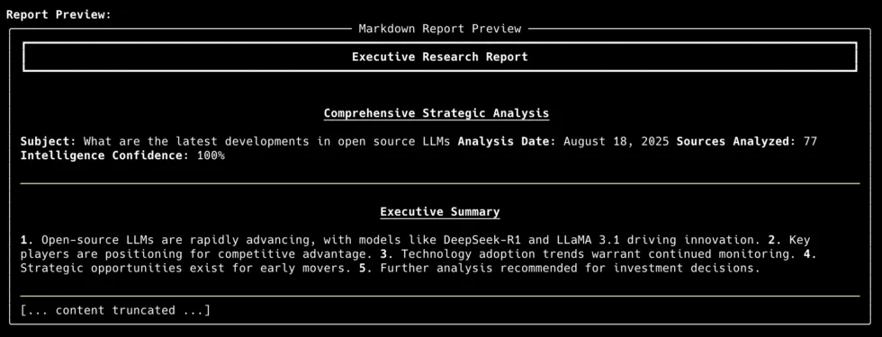 Deep research agent CLI showing research pipeline output with sources and findings