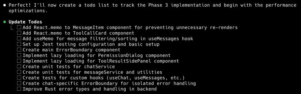 Claude Code creating a todo list to track progress on a feature