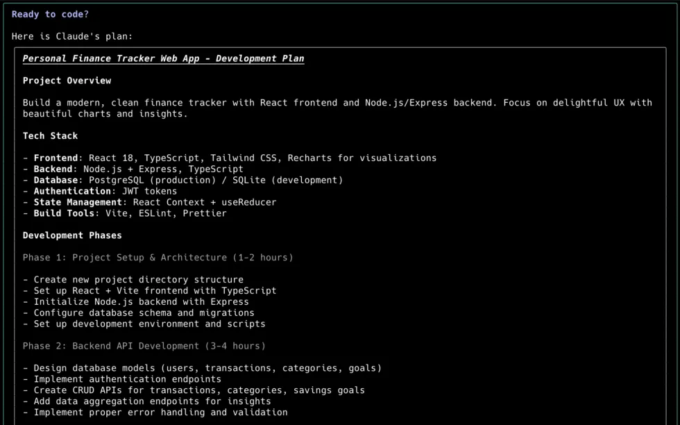 Claude Code plan mode showing comprehensive project planning