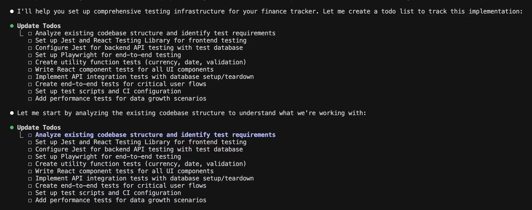 Claude Code setting up testing infrastructure and writing tests