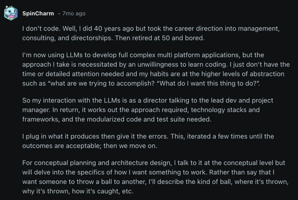 Reddit user SpinCharm describing using Claude for coding