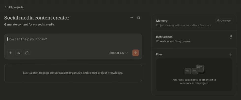 Claude Projects interface showing project-level instructions and uploaded documents