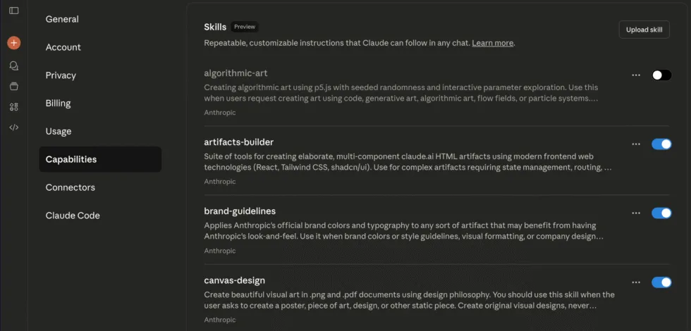 Claude Settings showing Skills capabilities toggle options