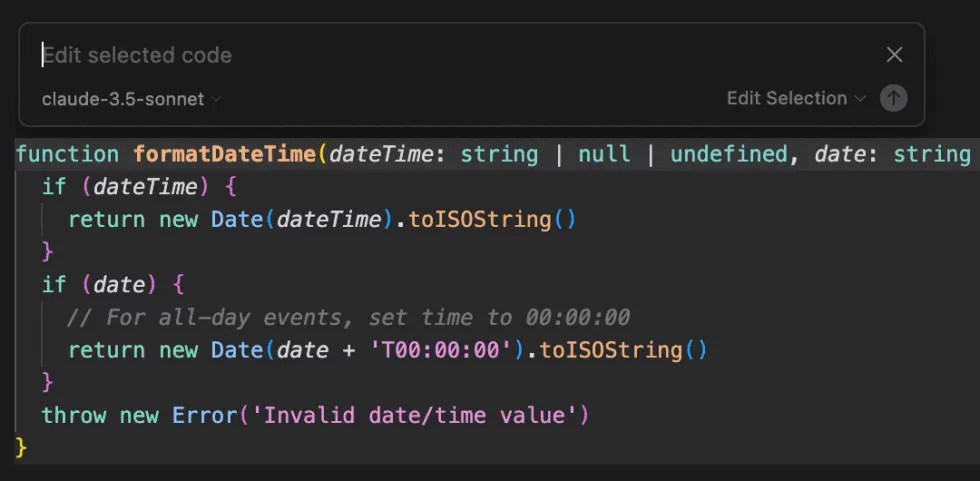 Cursor Edit mode with code selection and inline editing options