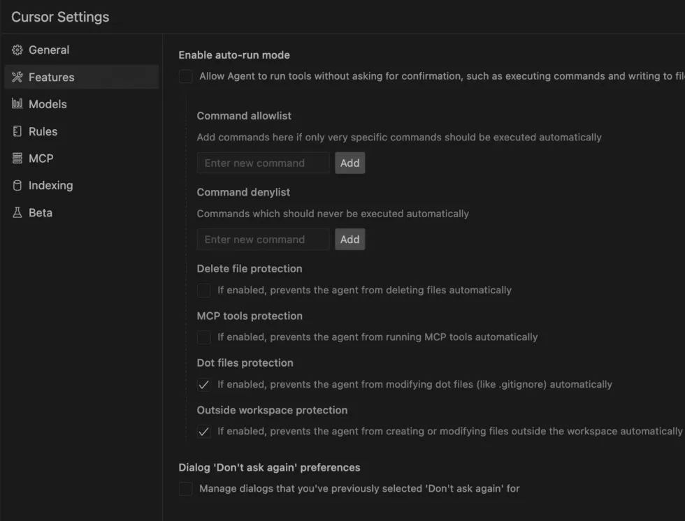 Cursor auto-run mode settings for automatic command execution