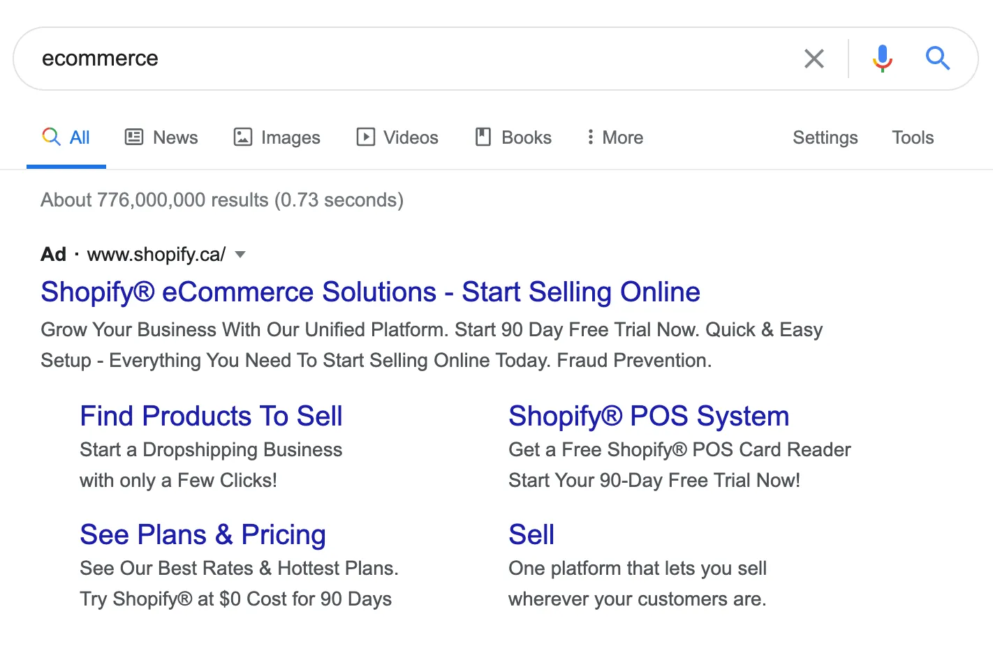 Google search for eCommerce showing Shopify ads