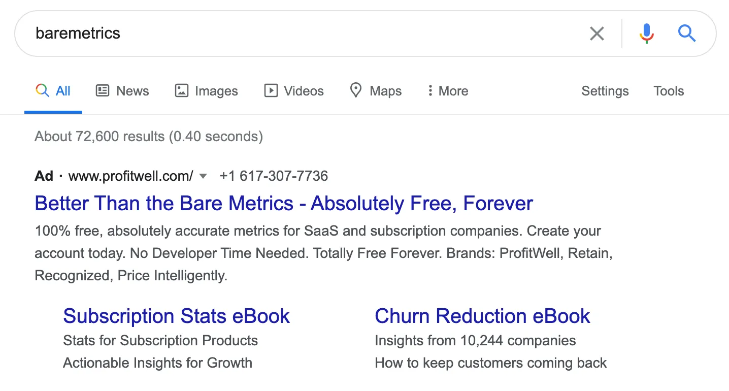 Profitwell ad targeting Baremetrics