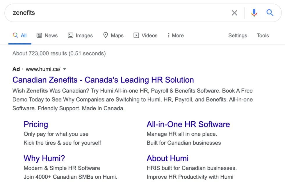Humi ad targeting Canadian businesses searching for Zenefits