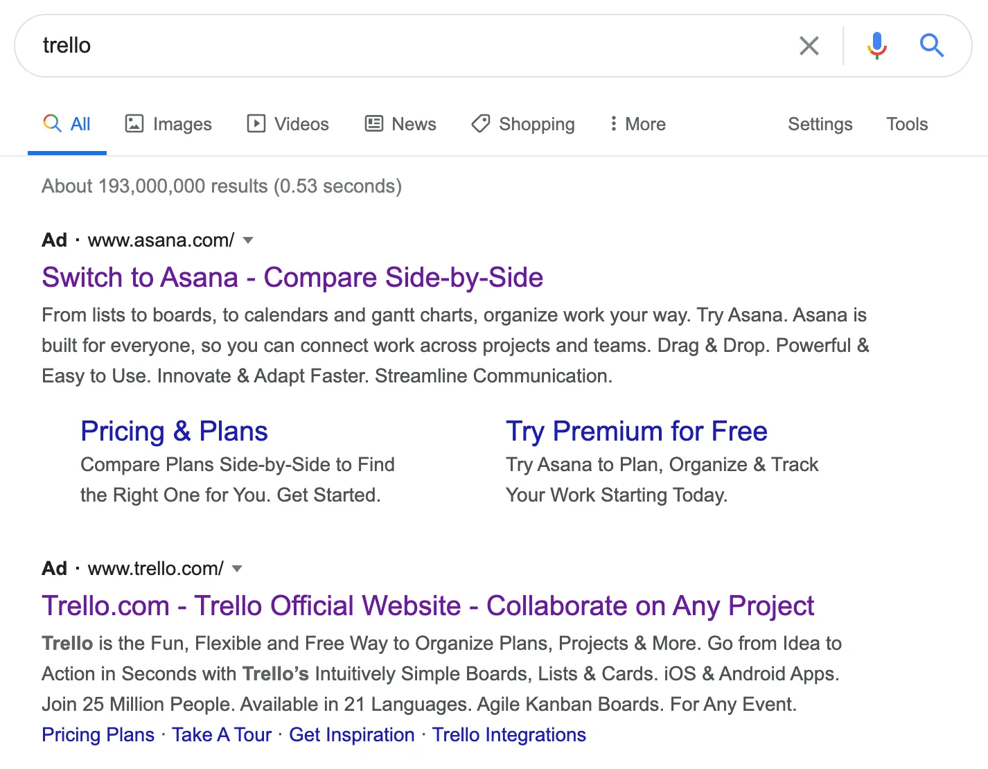 Asana ranking higher than Trello in search results
