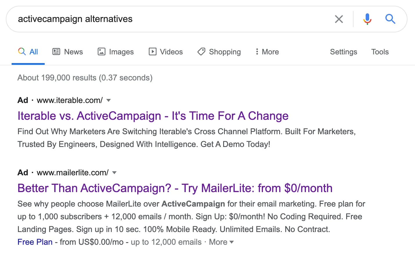 Iterable and MailerLite ads for ActiveCampaign alternatives
