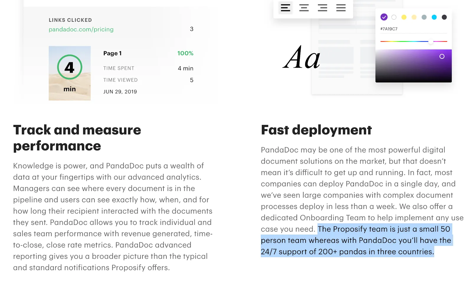 PandaDoc landing page with 8 benefits vs Proposify