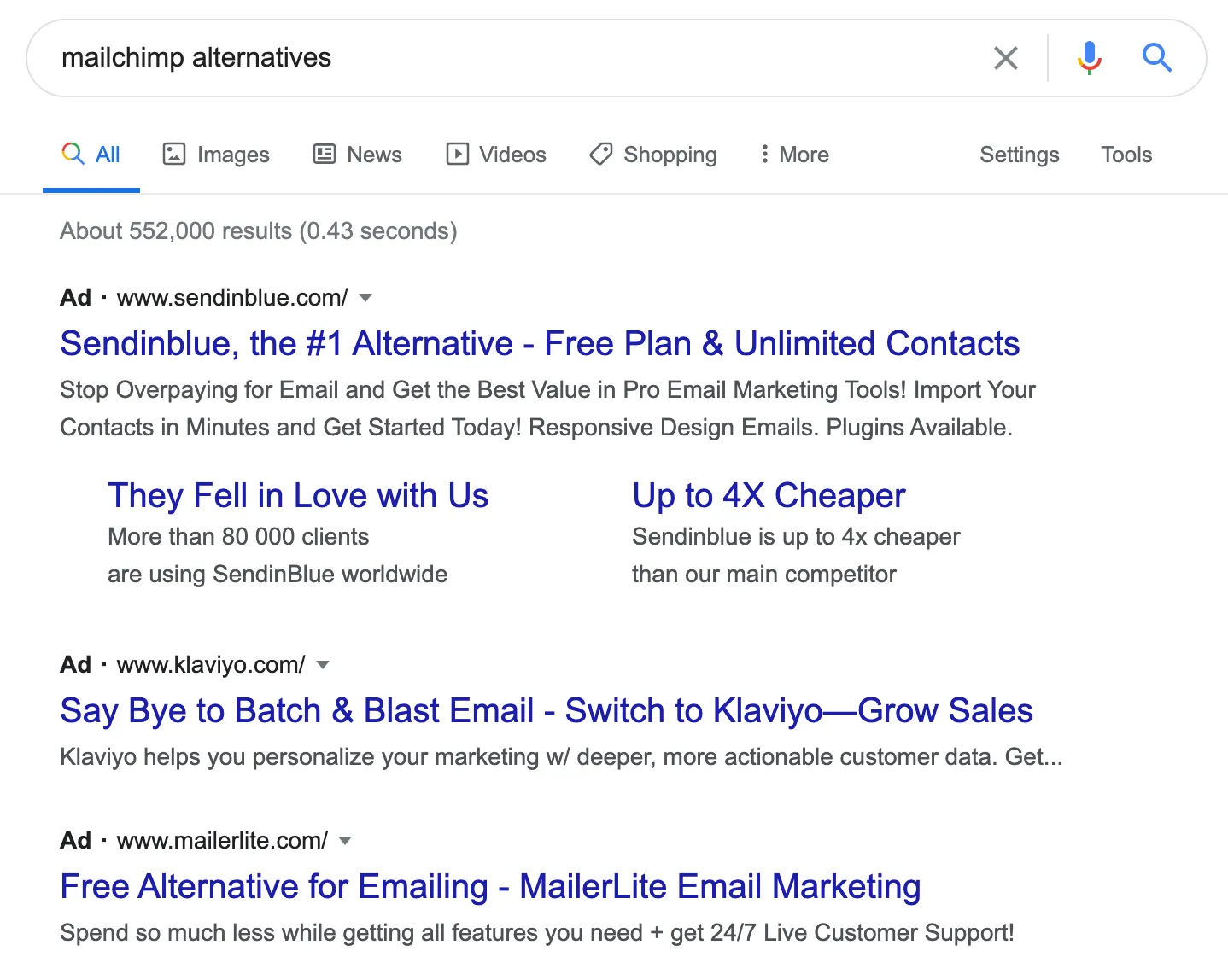 Google search for Mailchimp alternatives showing many competitor ads