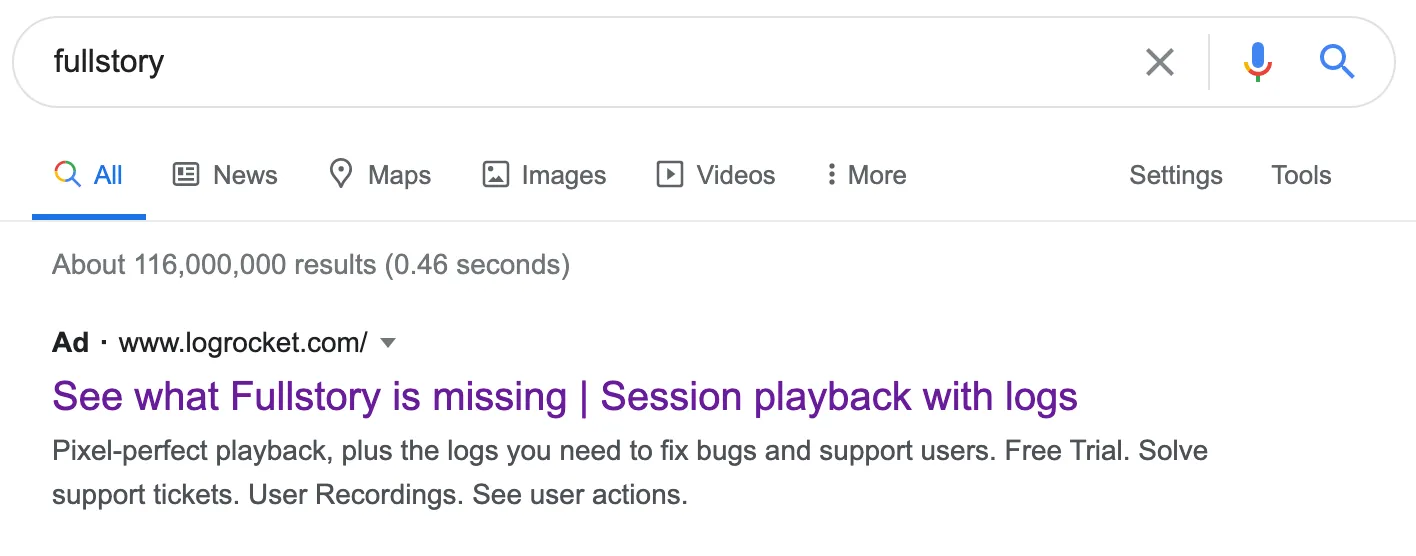 LogRocket competitor ad example