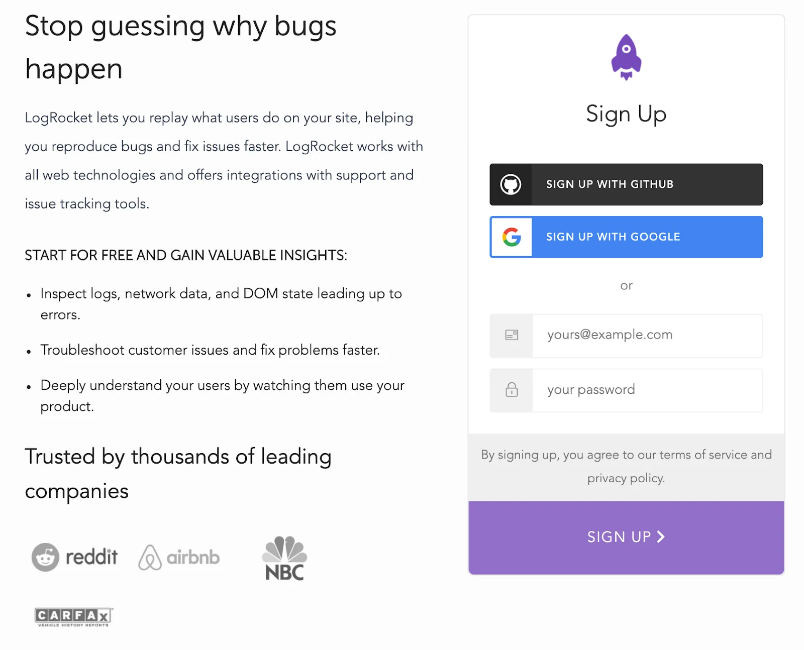 LogRocket landing page vs Fullstory