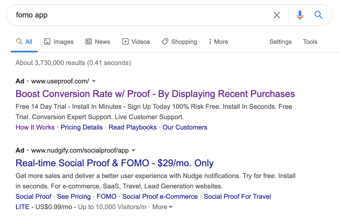 Google search for FOMO app showing Proof competitor ad