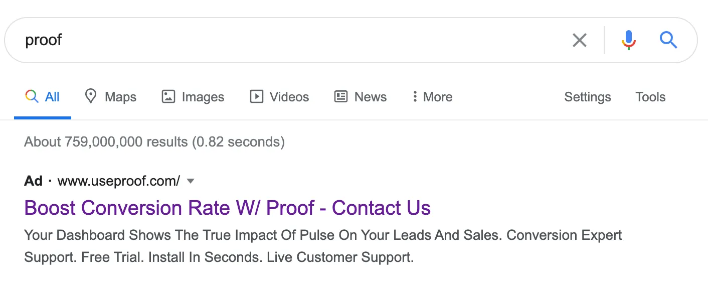 Google search for Proof showing their brand protection ad