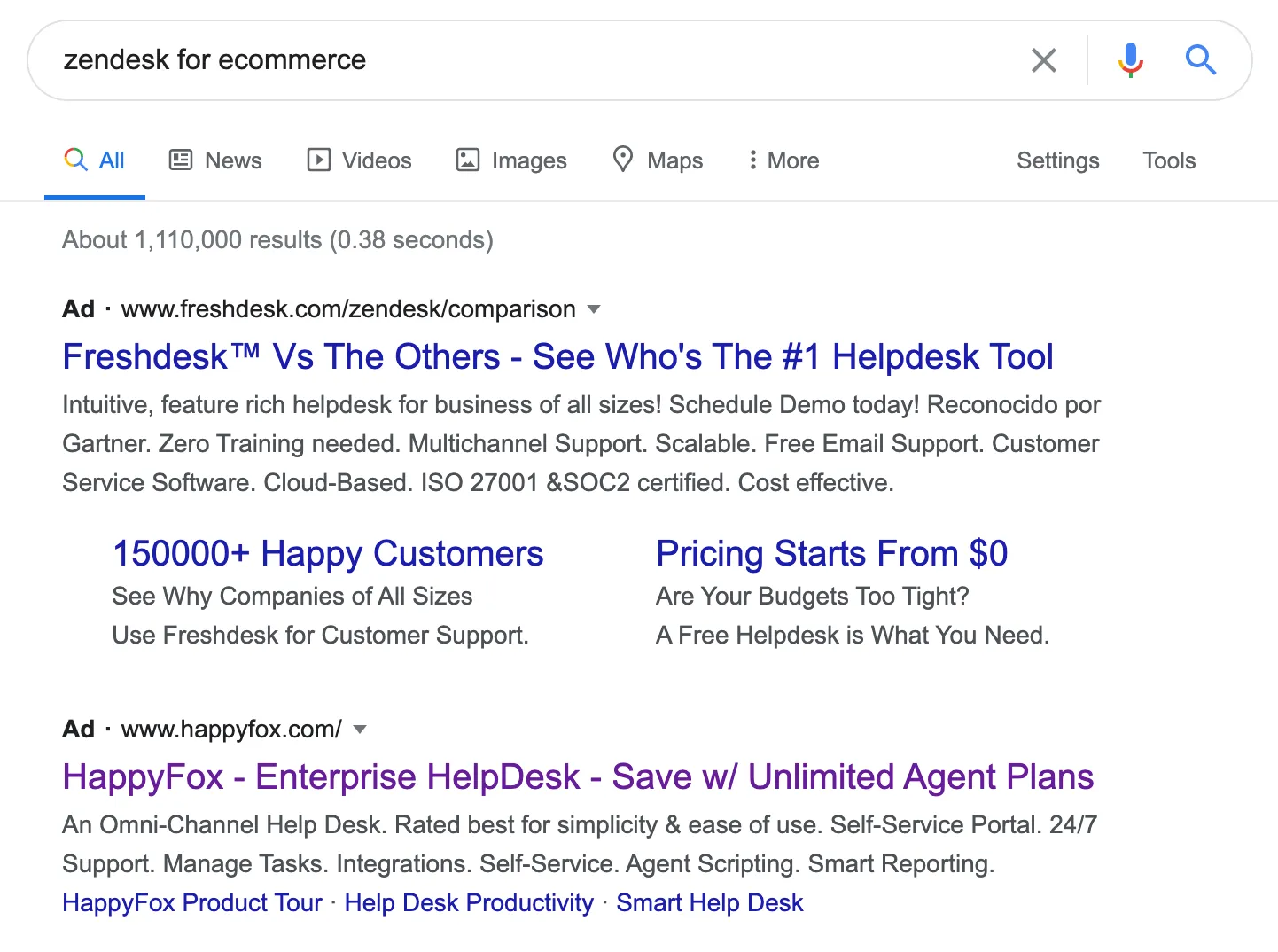 Google search for Zendesk eCommerce showing niche competitor ads