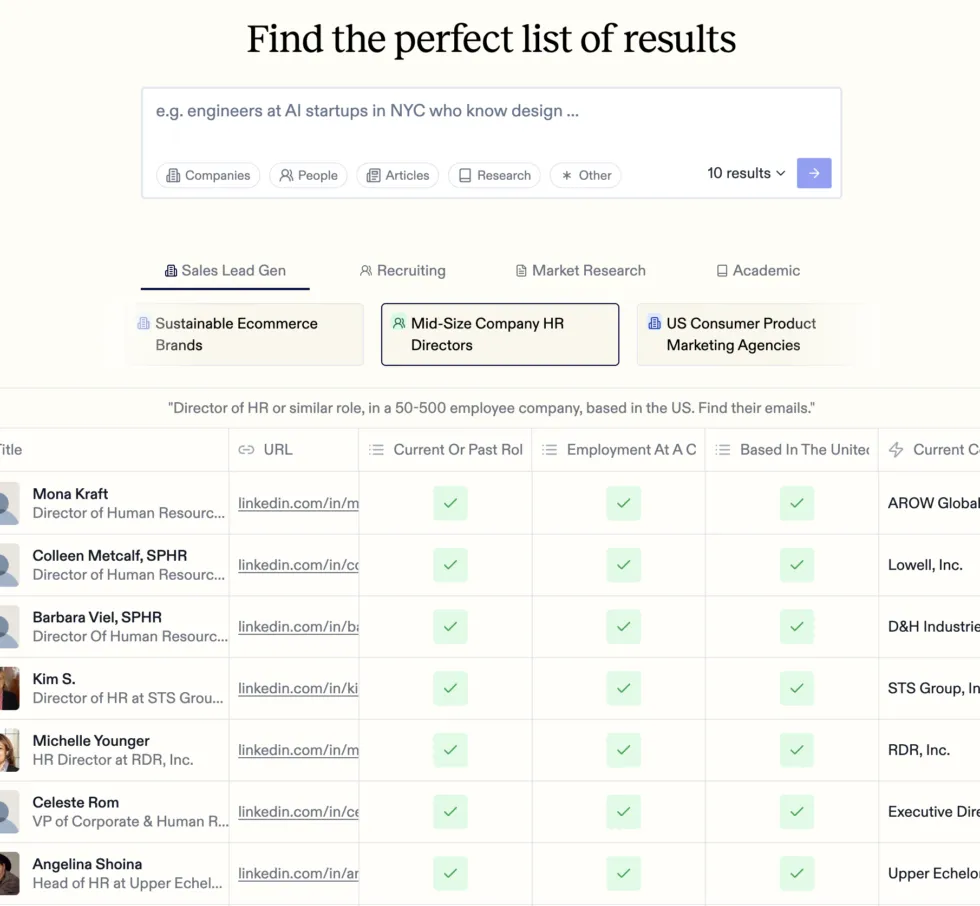 Exa Websets interface showing structured search results