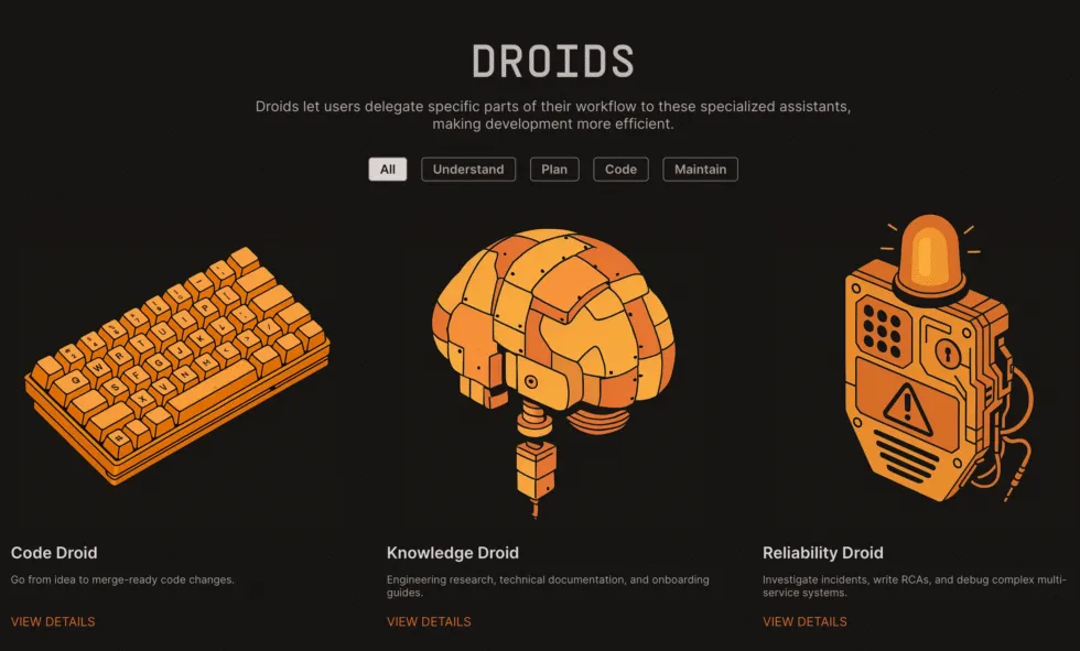 Factory Droid agents overview showing Code, Knowledge, Reliability, Product, and Tutorial Droids