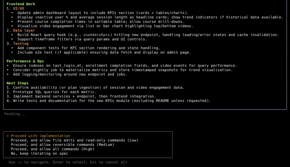 Factory spec mode output showing acceptance criteria, implementation plan, and file changes