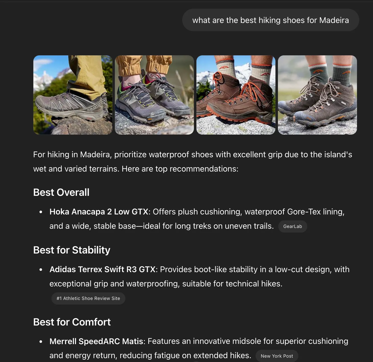 ChatGPT response showing hiking shoe recommendations for Madeira