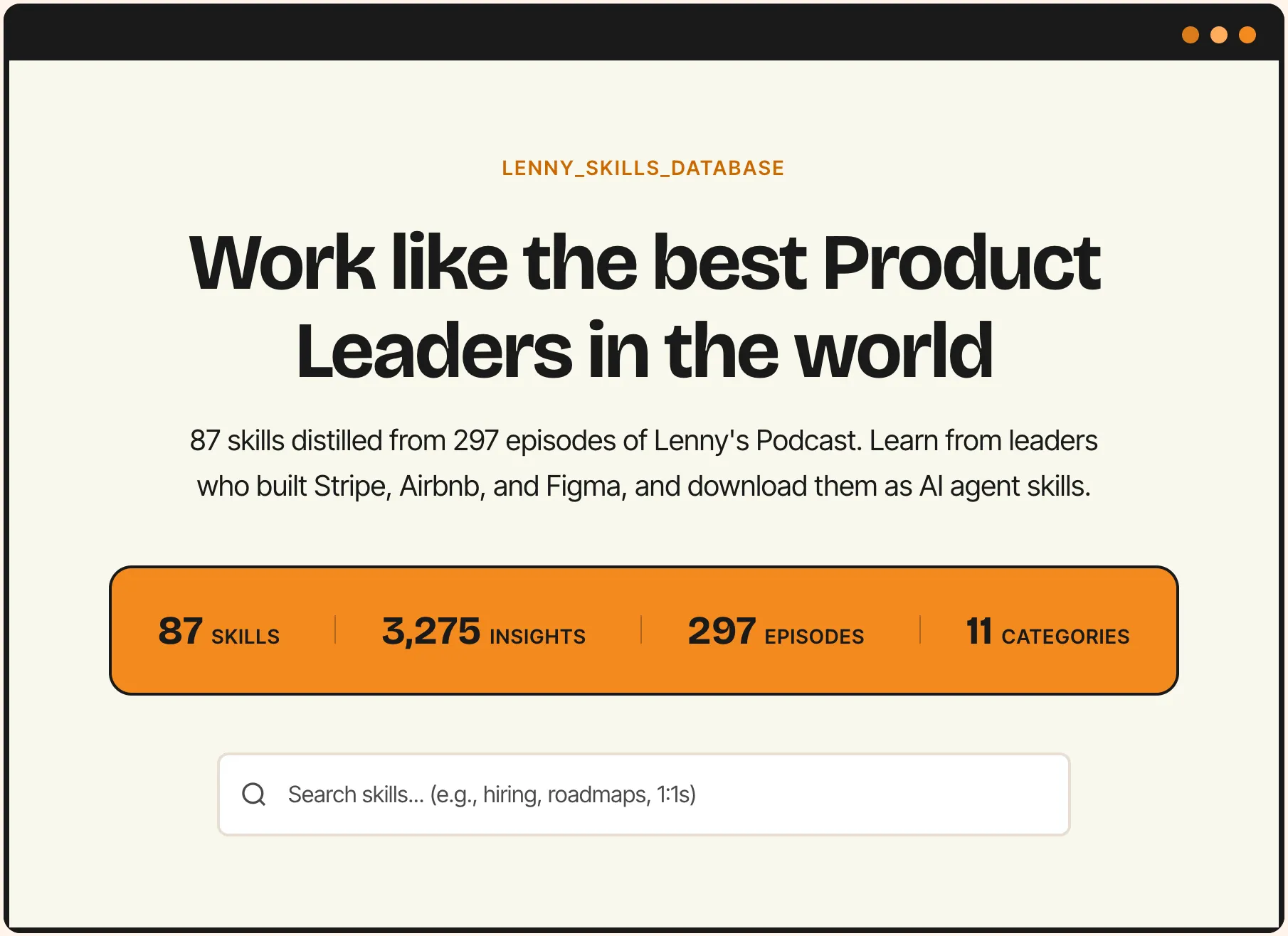 Lenny Skills Database showing 86 actionable skills extracted from 297 podcast episodes