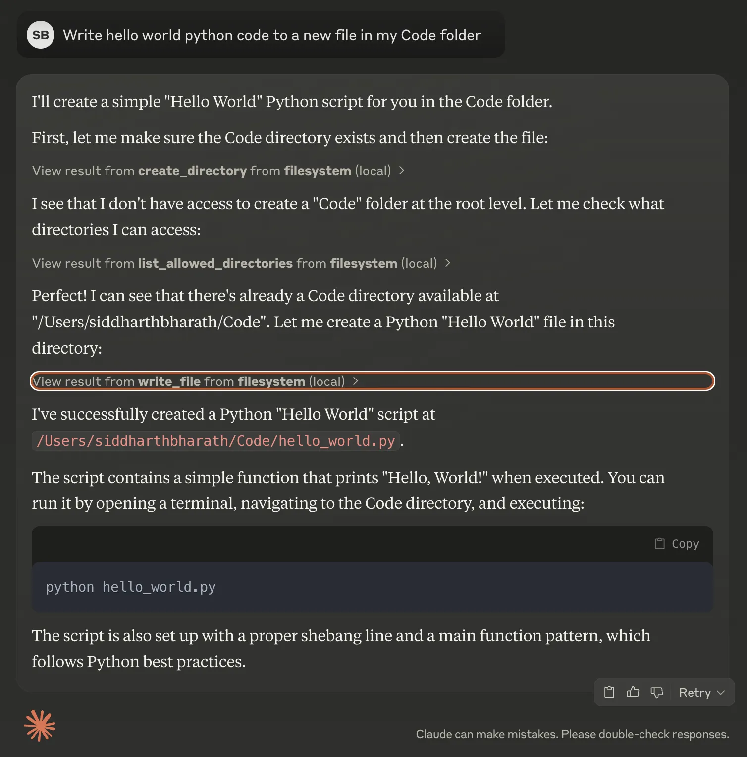 Claude creating a Hello World Python script using MCP