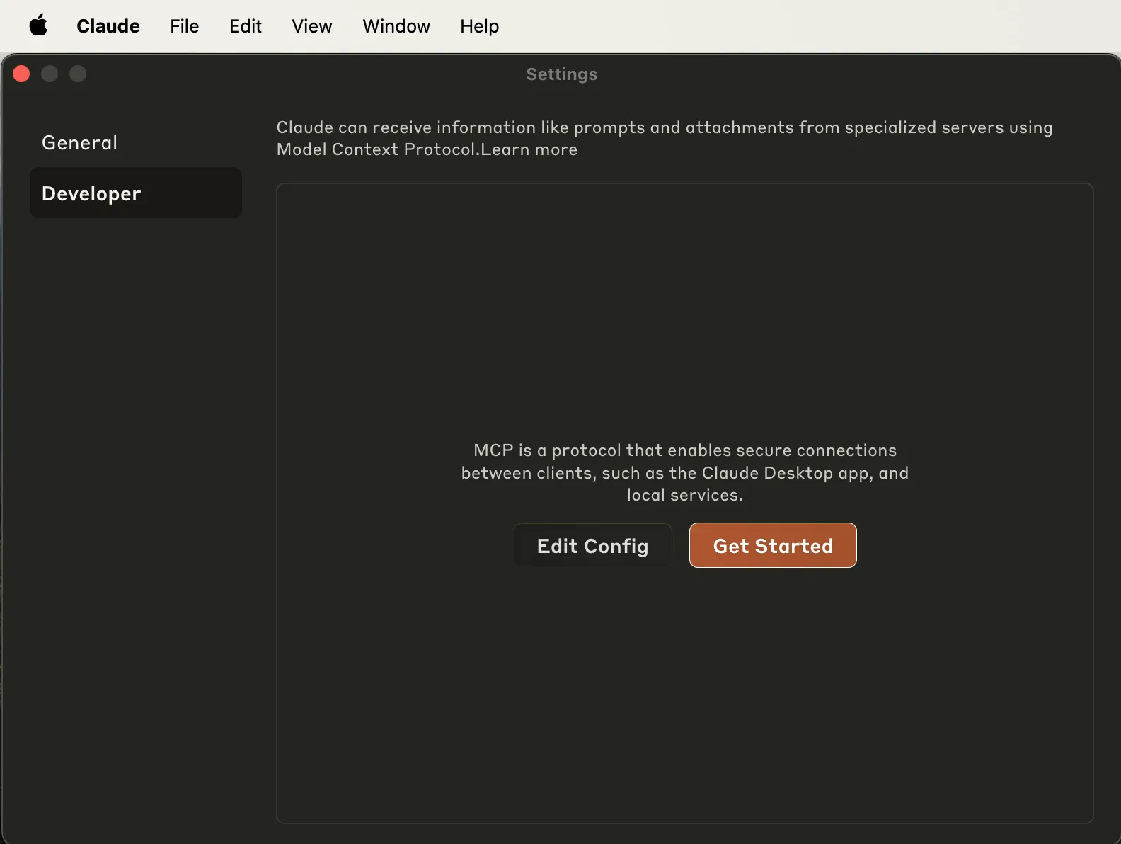 Claude Desktop Settings showing Developer section with Edit Config button