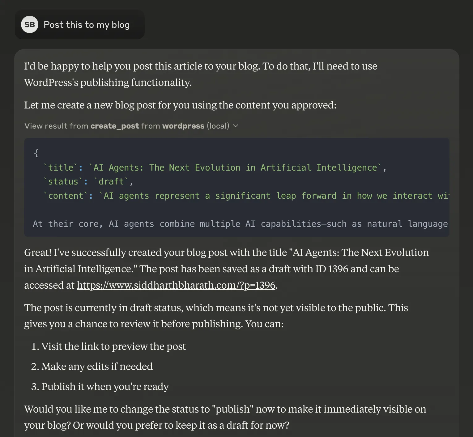 Claude using WordPress MCP to publish a blog post