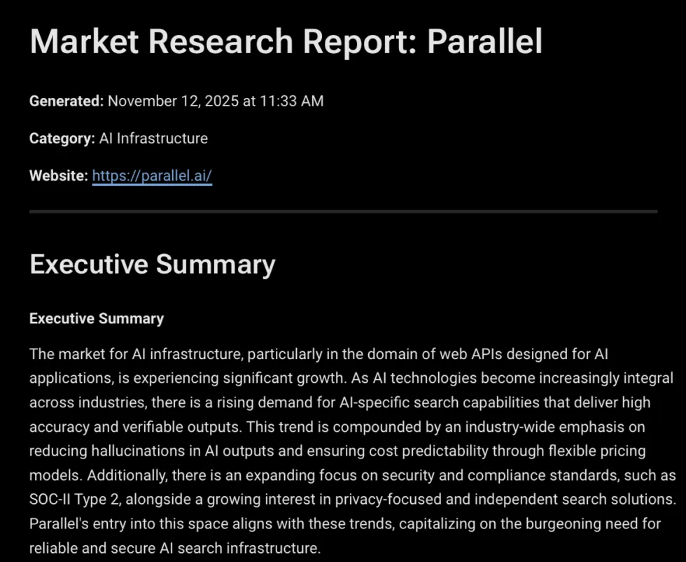 Generated market research report output showing competitors and market gaps
