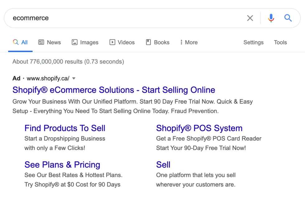Google search results showing competitor ads for eCommerce platform query