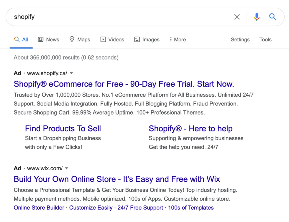 Wix competitor ad targeting Shopify searches on Google