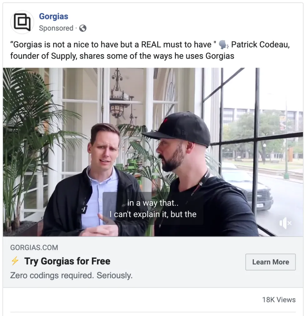 Gorgias Facebook retargeting ad featuring customer testimonial