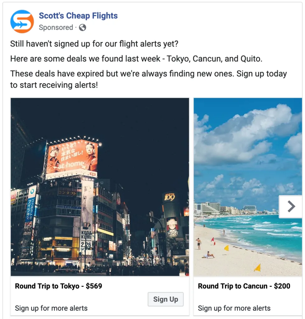 Scott's Cheap Flights retargeting ad highlighting missed flight deals