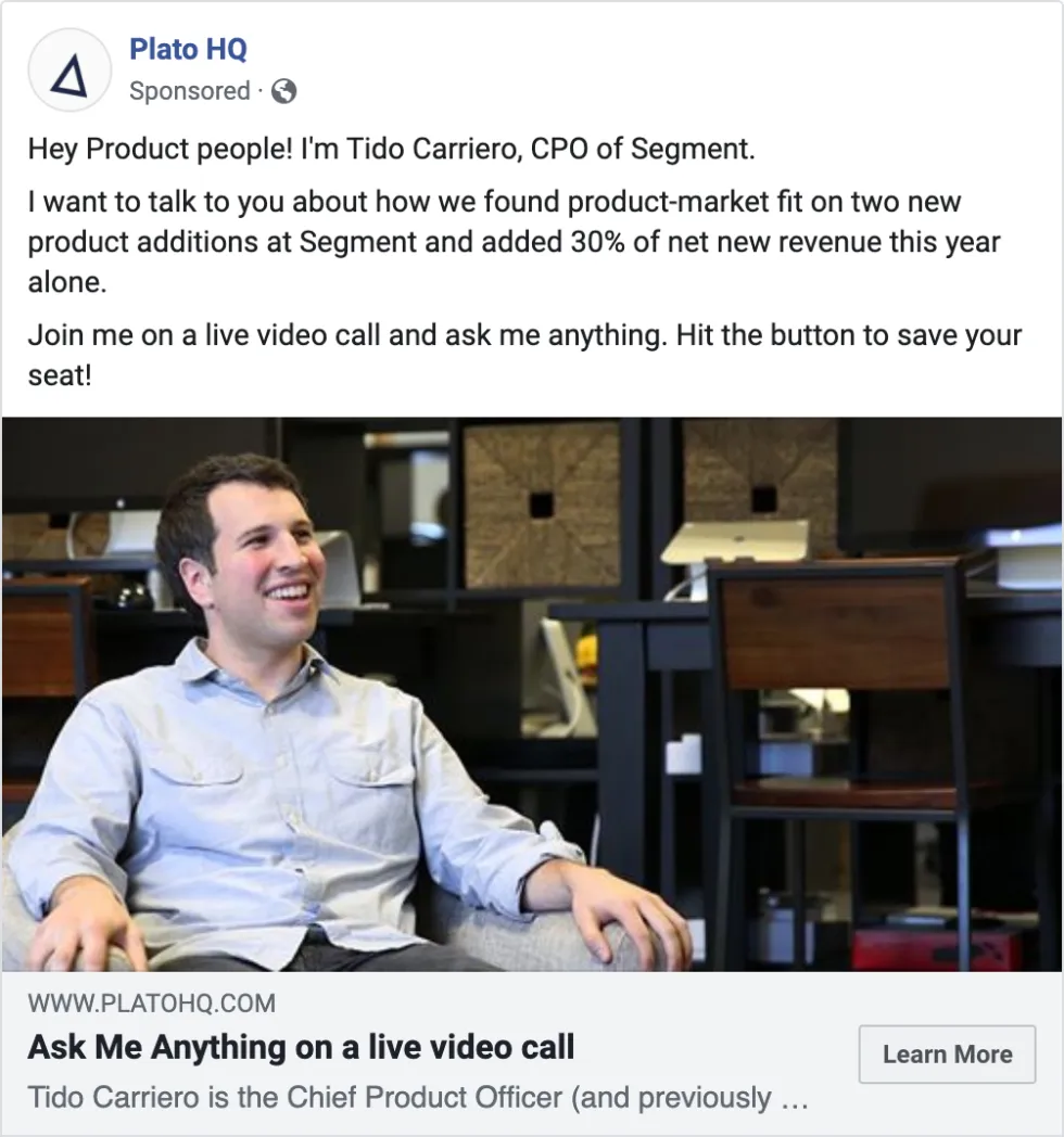 Plato webinar promotion ad on Facebook targeting engineering managers