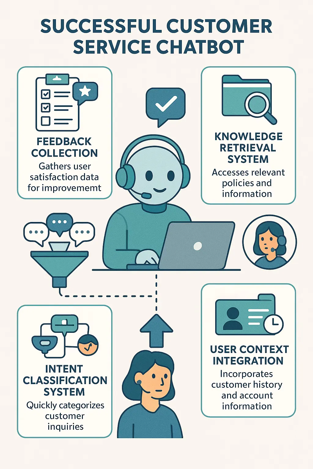 Illustration of a customer service AI agent handling support inquiries