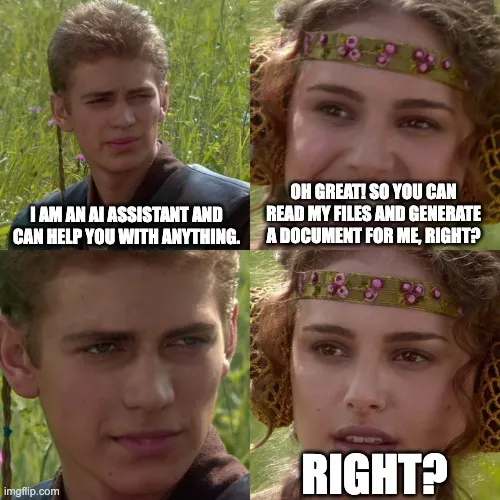 Anakin and Padme 4-panel meme about AI assistants that can't take actions